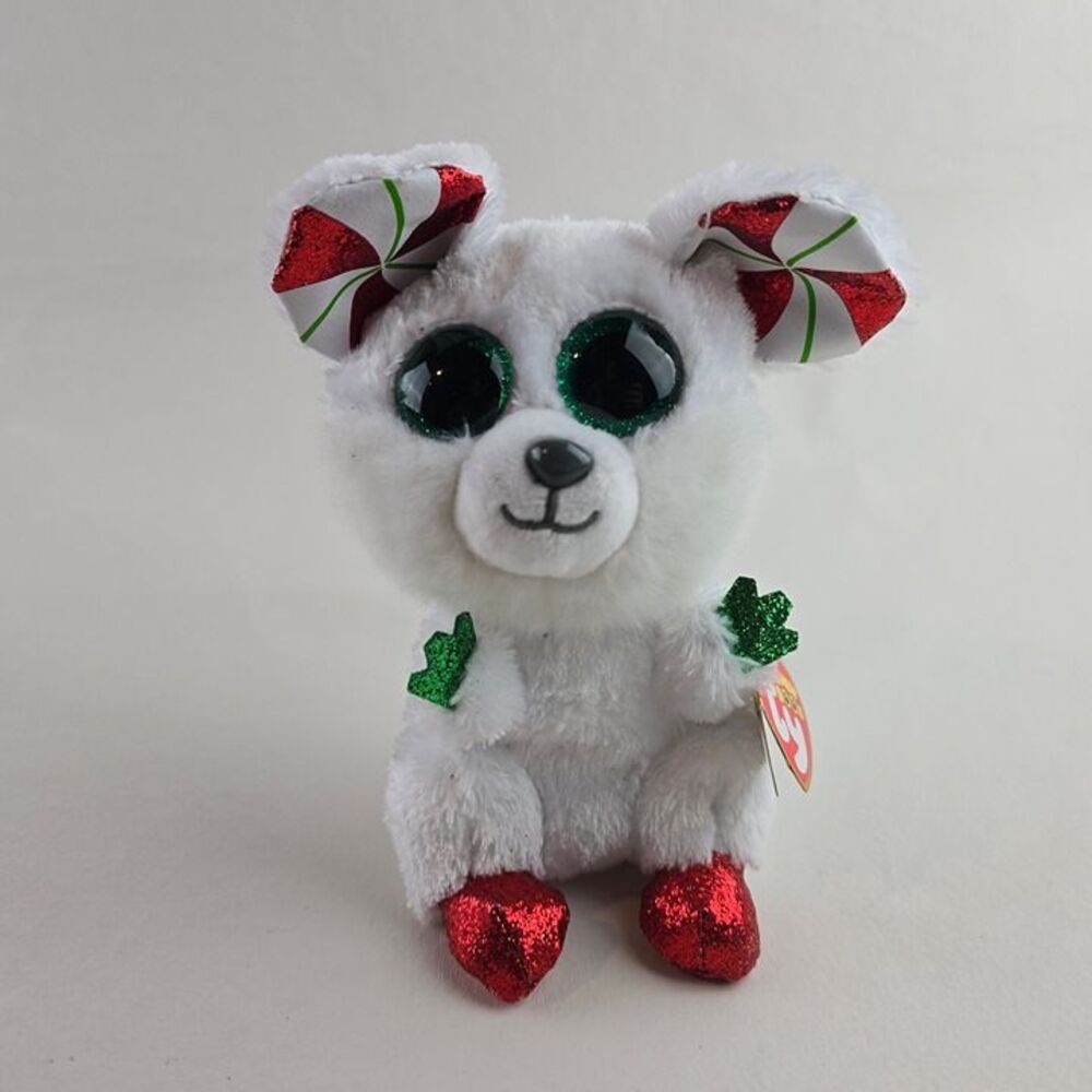 Ty Beanie Boos Chimney Mouse White Red Green Christmas Plush 6" Glitter Eyes